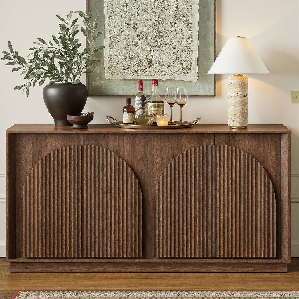 Walnut Double-Layer Arch Fluted 65 Inch Mid-Century Sideboard Credenza