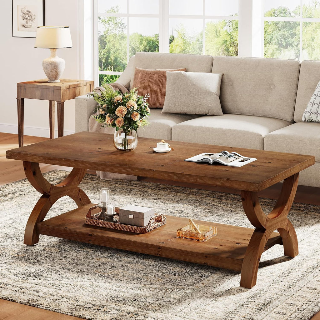 47.2 Inch Rectangle Solid Wood Coffee Table with Storage Shelf for Living Room