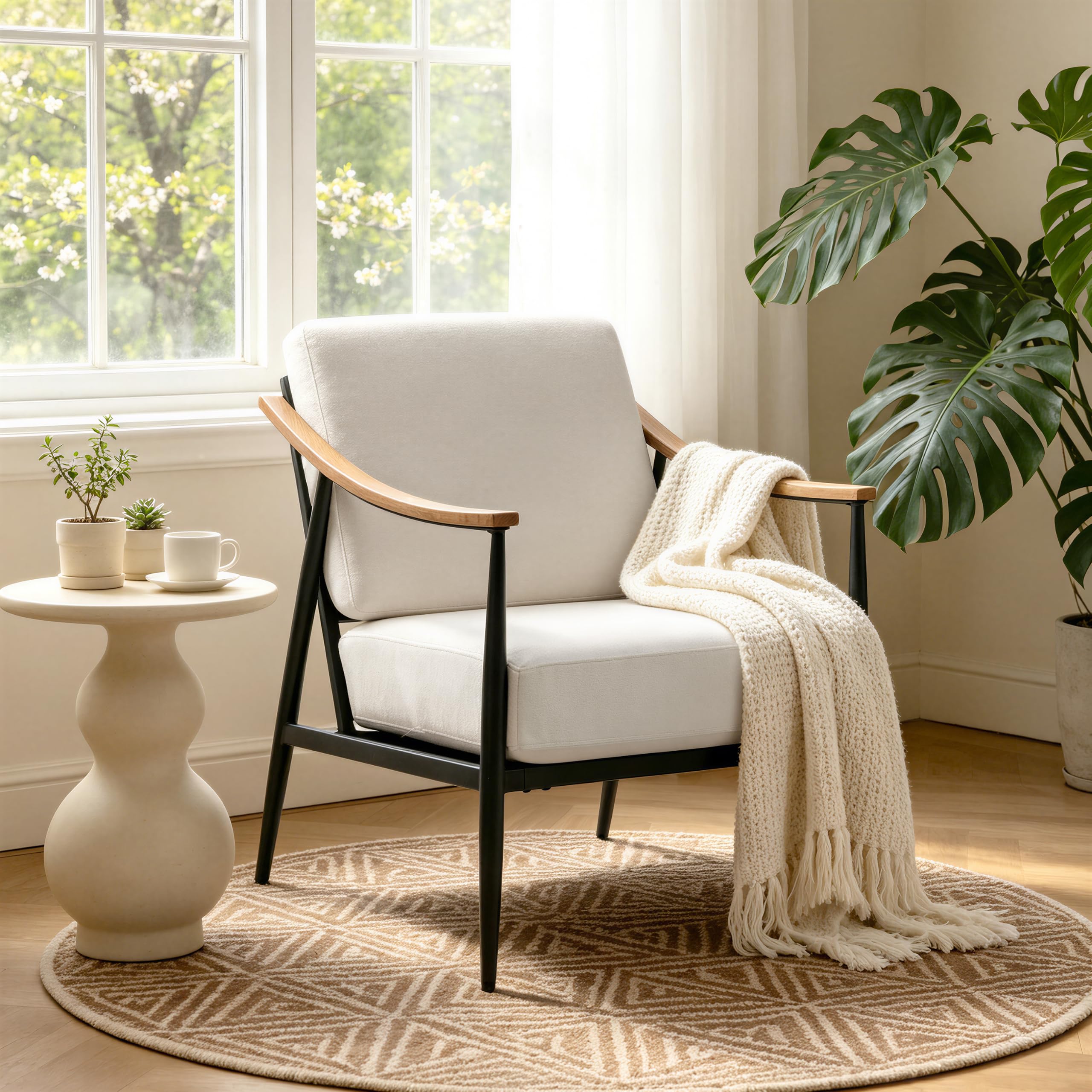 Cream White Mid-Century Metal Frame Upholstered Accent Chair