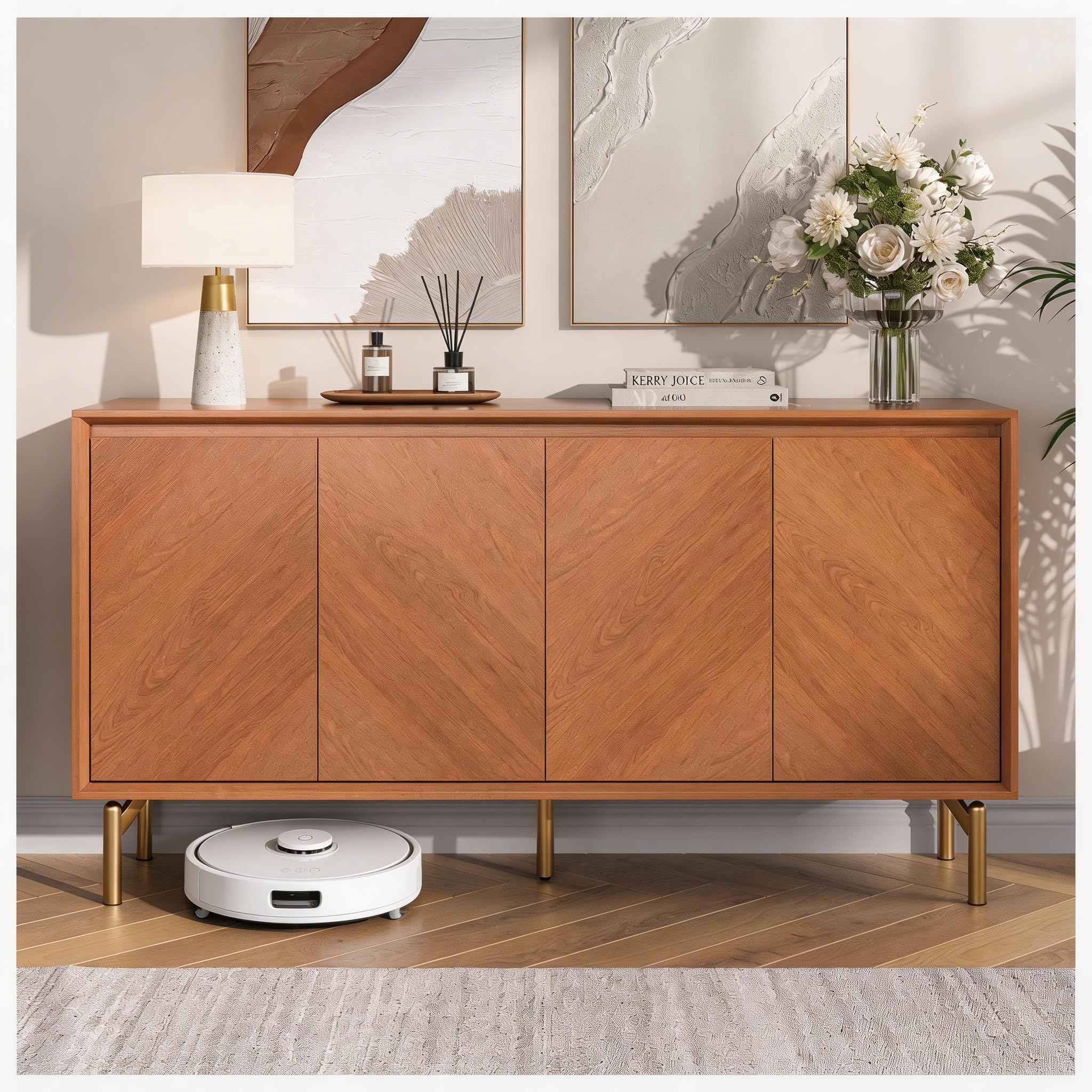 Red Walnut Herringbone Door Mid Century Sideboard Cabinet