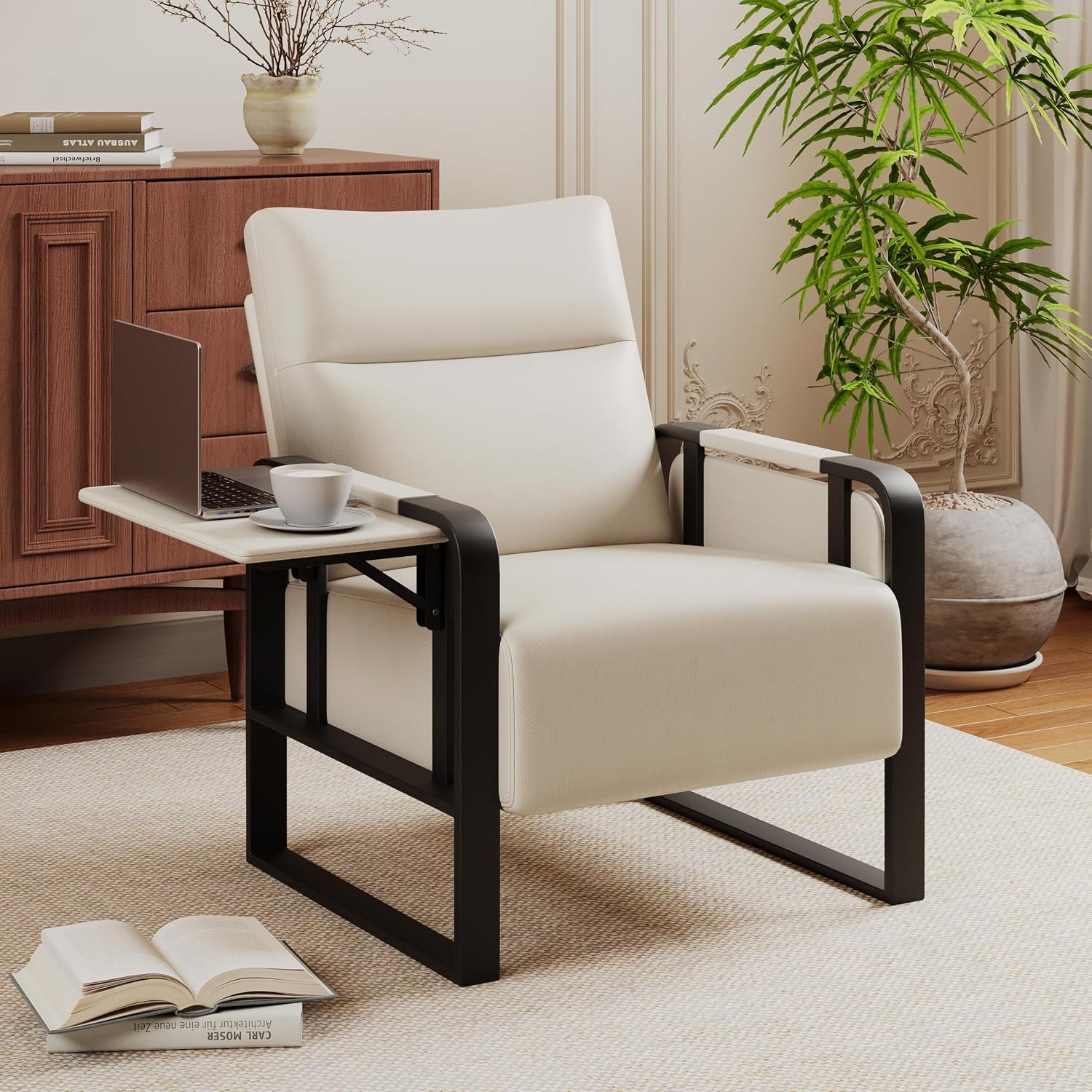 Beige Mid-Century Faux Leather Accent Chair Set of 2 with Side Table