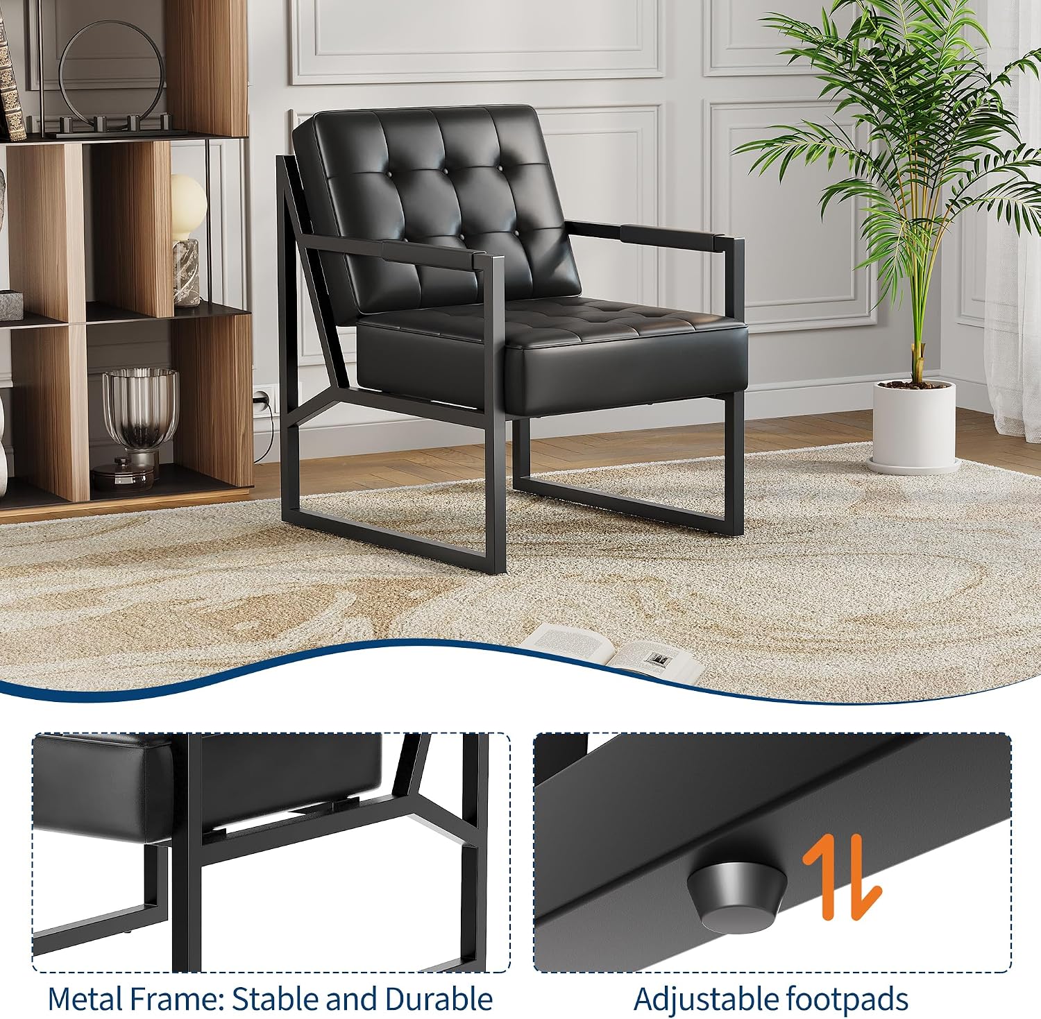 Mid-Century Black Faux Leather Reclining Accent Chair with Metal Legs