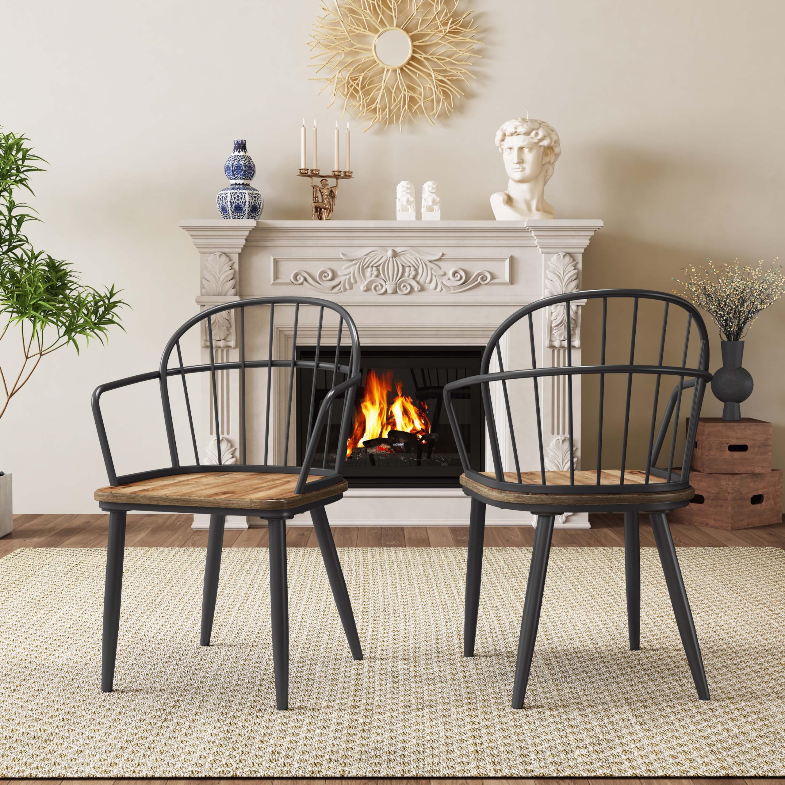 Knight Home Drats Natural Industrial Dining Chairs Set of 2 with Birch Finish & Metal Frame