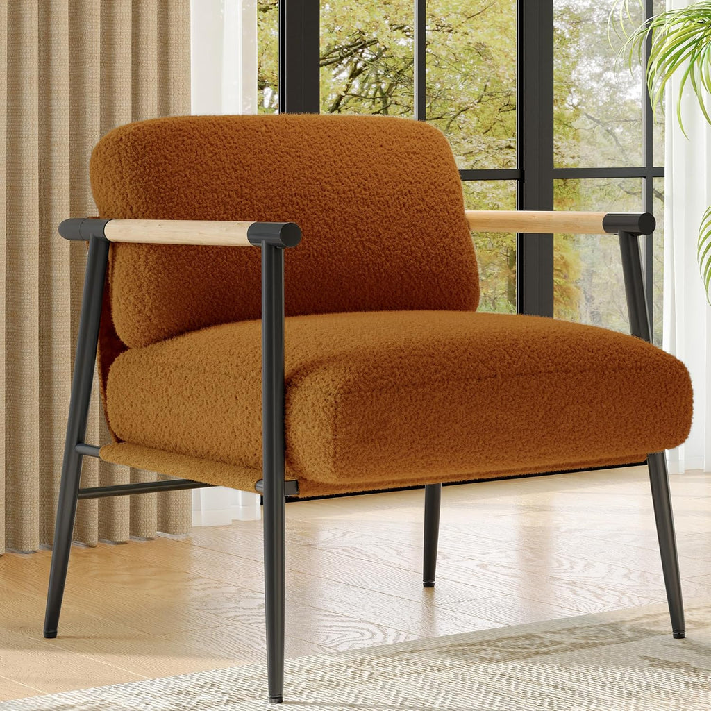 White Wood Armrest Metal Frame Modern Reading Accent Chair
