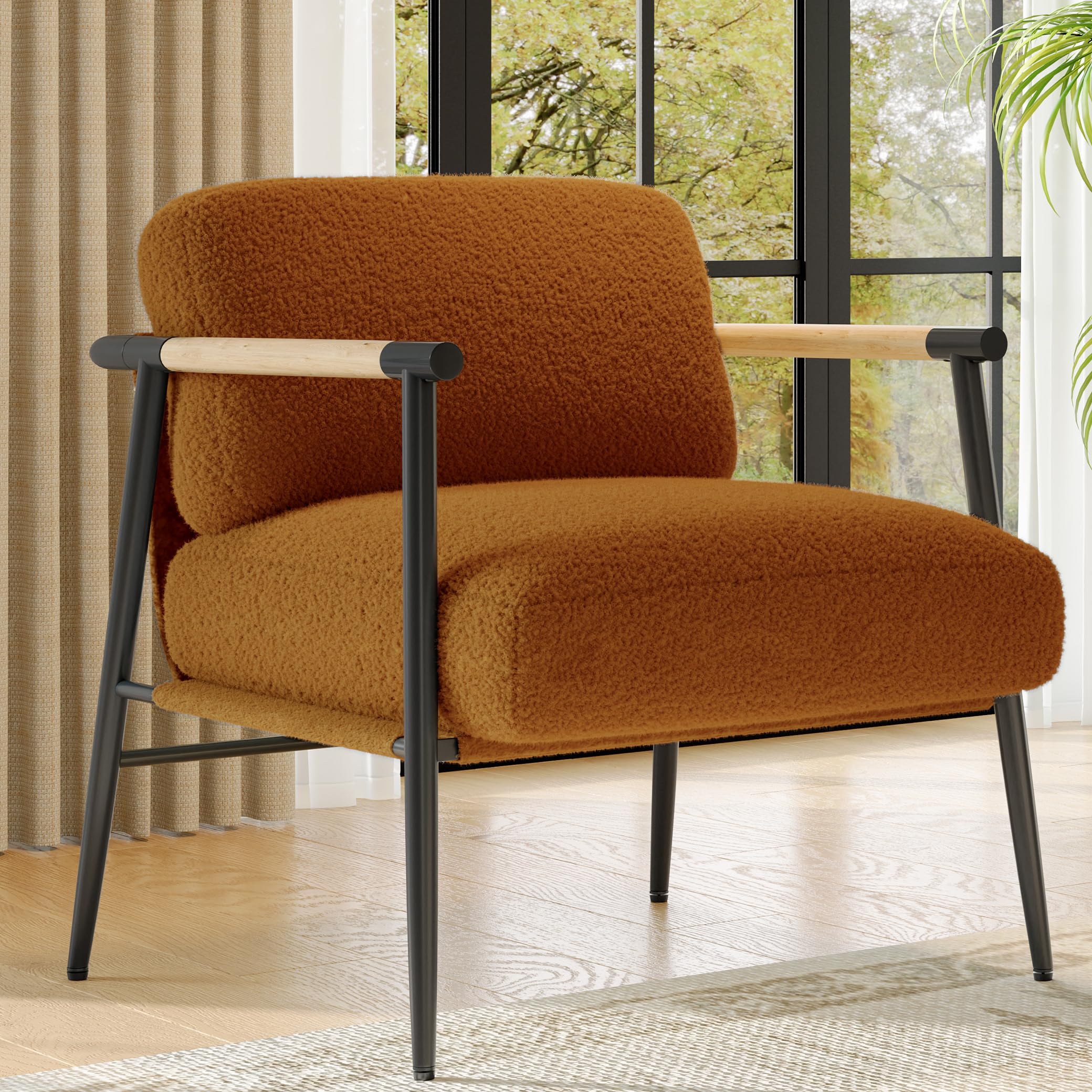 White Wood Armrest Metal Frame Modern Reading Accent Chair