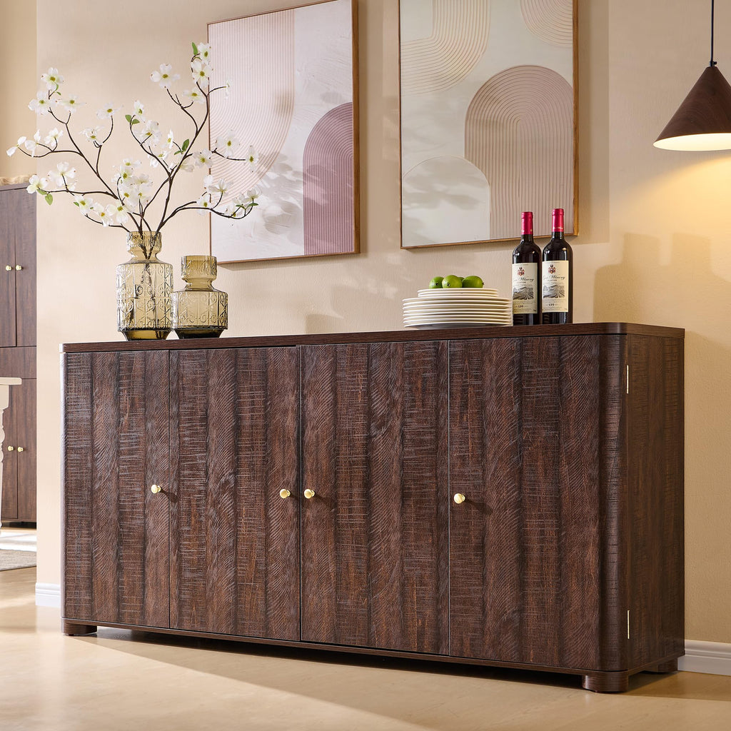 Natural Curved 4-Door 66 Inch Storage Sideboard Buffet Cabinet