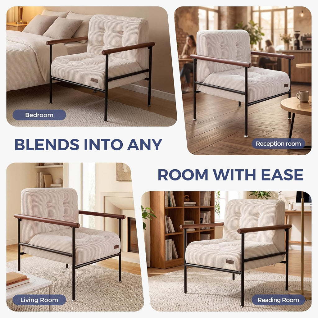 Beige Upholstered Reading Accent Chair with Metal Frame & Wood Armrests