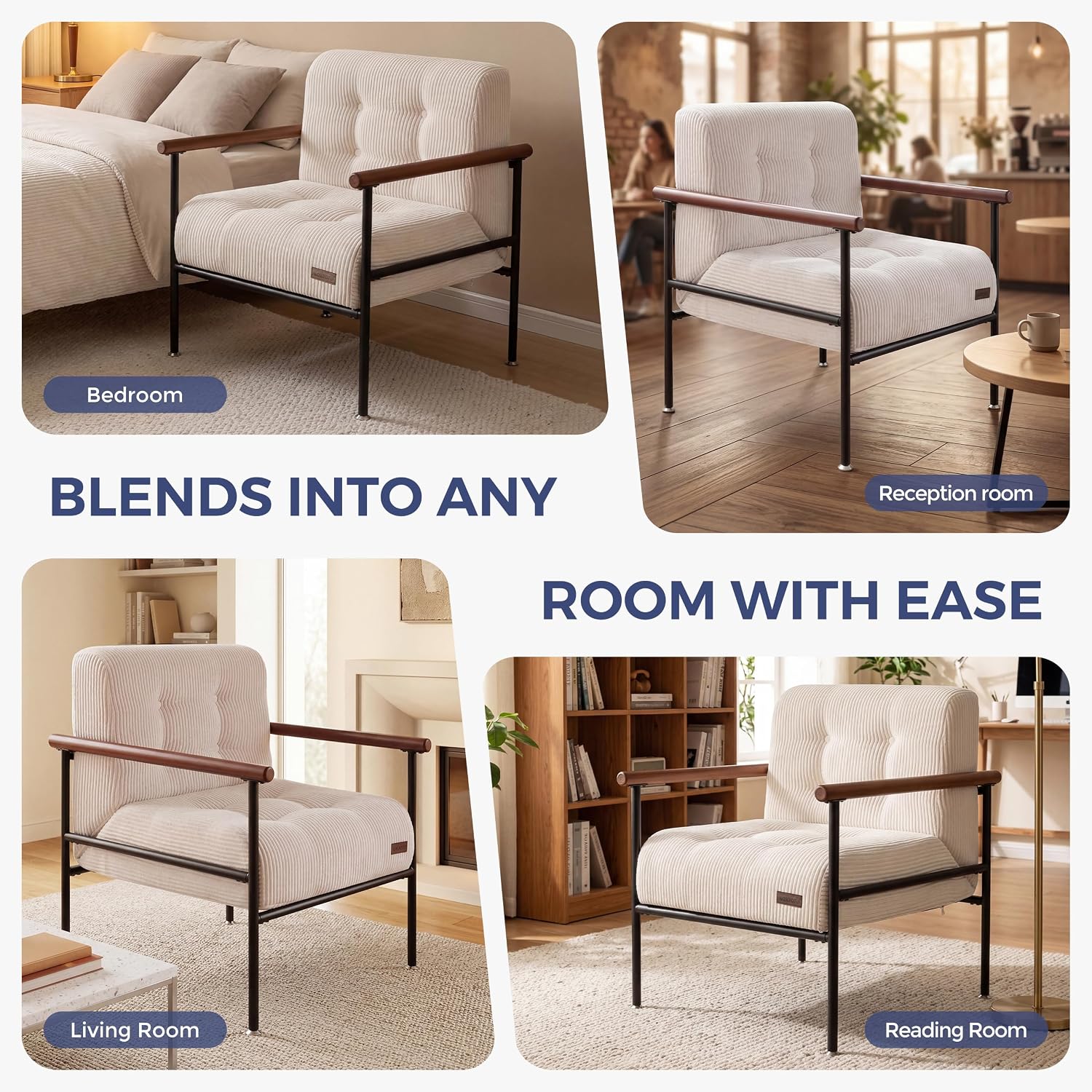 Beige Upholstered Reading Accent Chair with Metal Frame & Wood Armrests