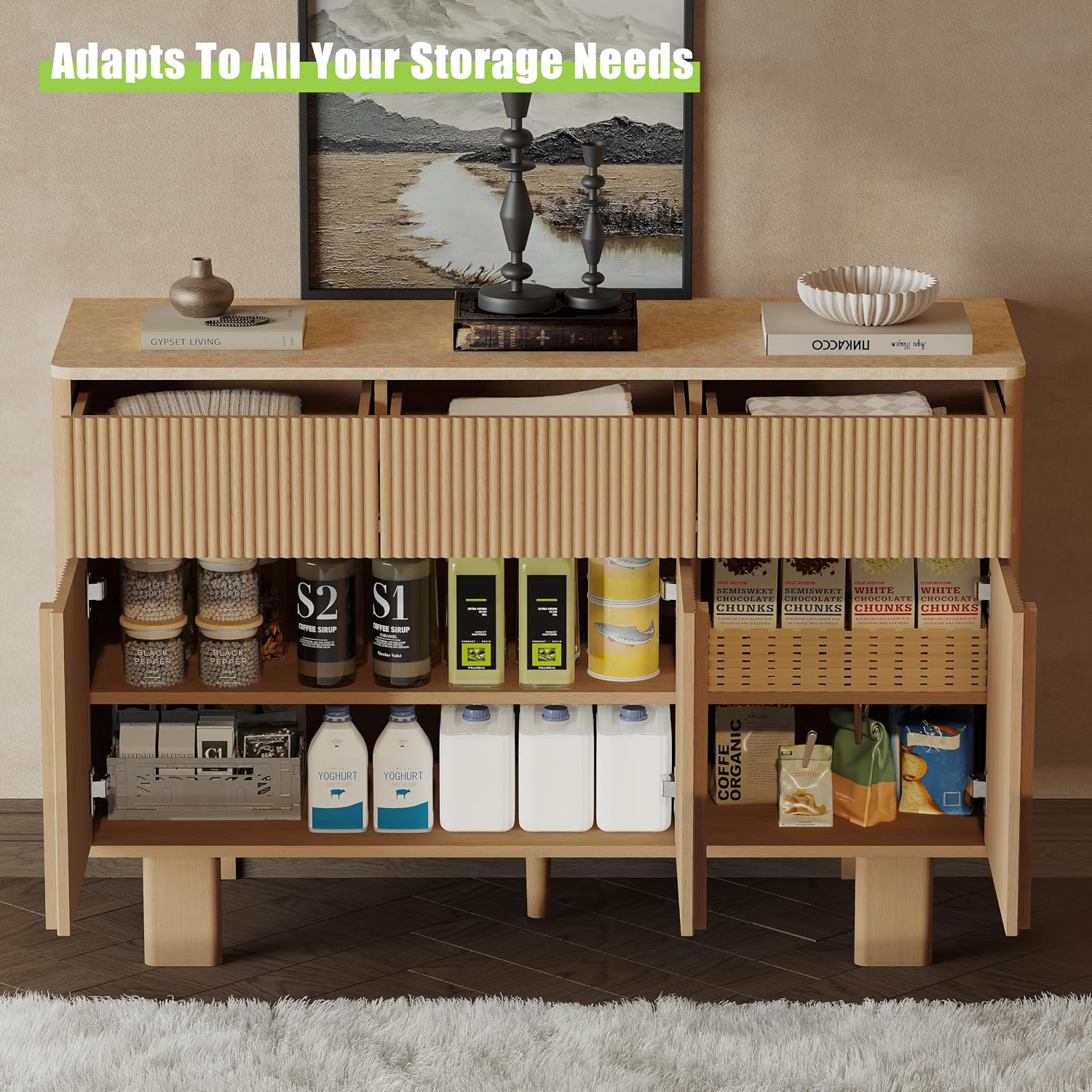 Light Oak Farmhouse 3 Doors 3 Drawers Storage Sideboard