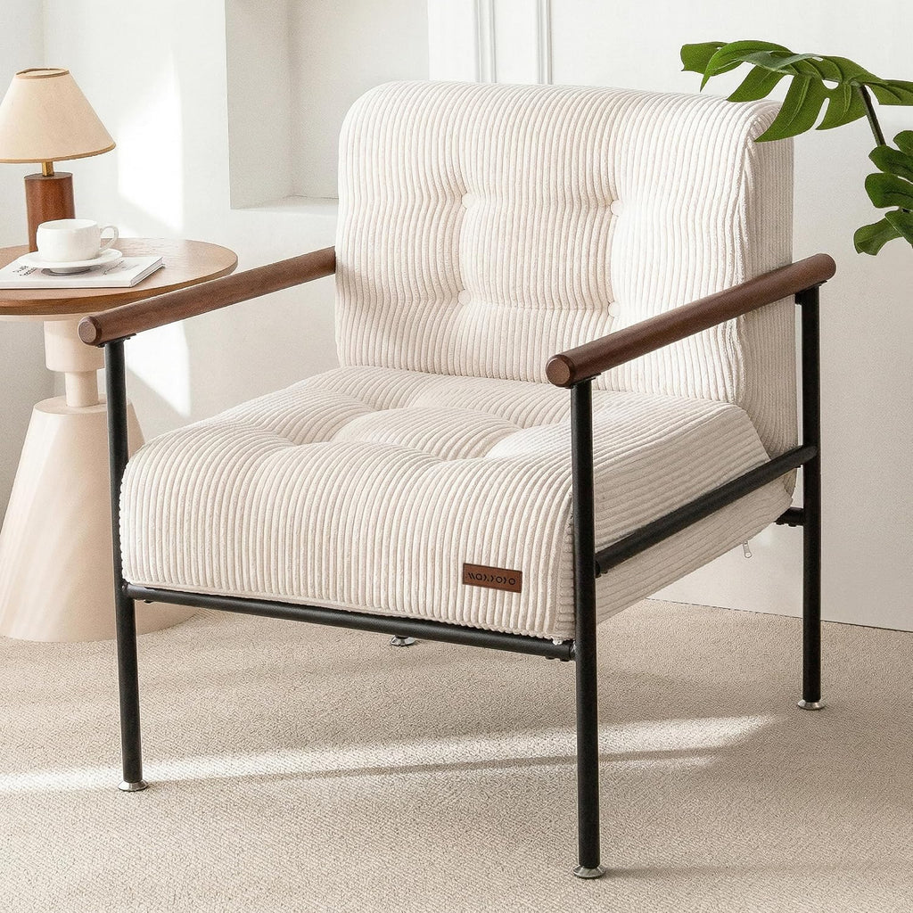 Beige Upholstered Reading Accent Chair with Metal Frame & Wood Armrests