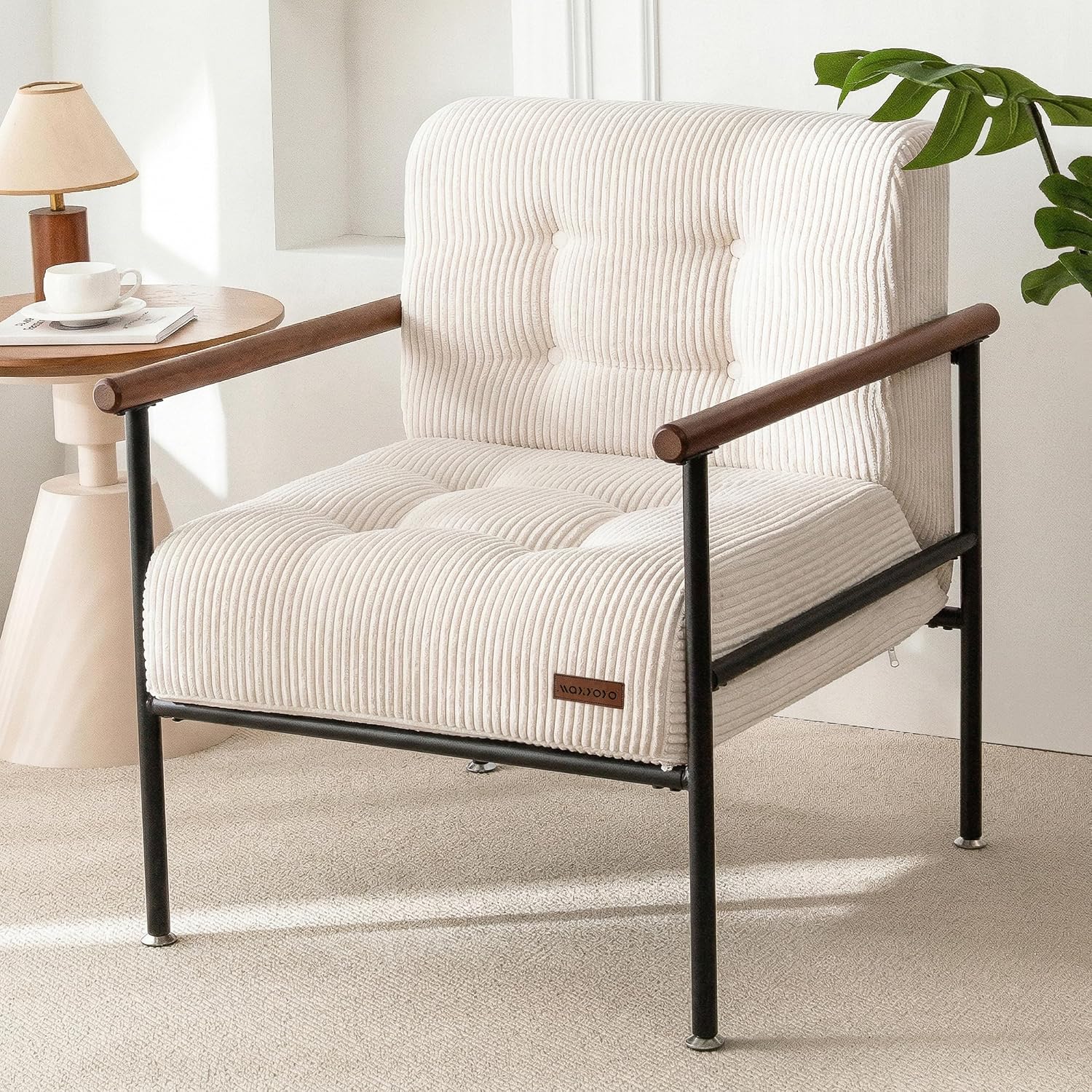 Beige Upholstered Reading Accent Chair with Metal Frame & Wood Armrests