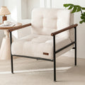 Beige Upholstered Reading Accent Chair with Metal Frame & Wood Armrests