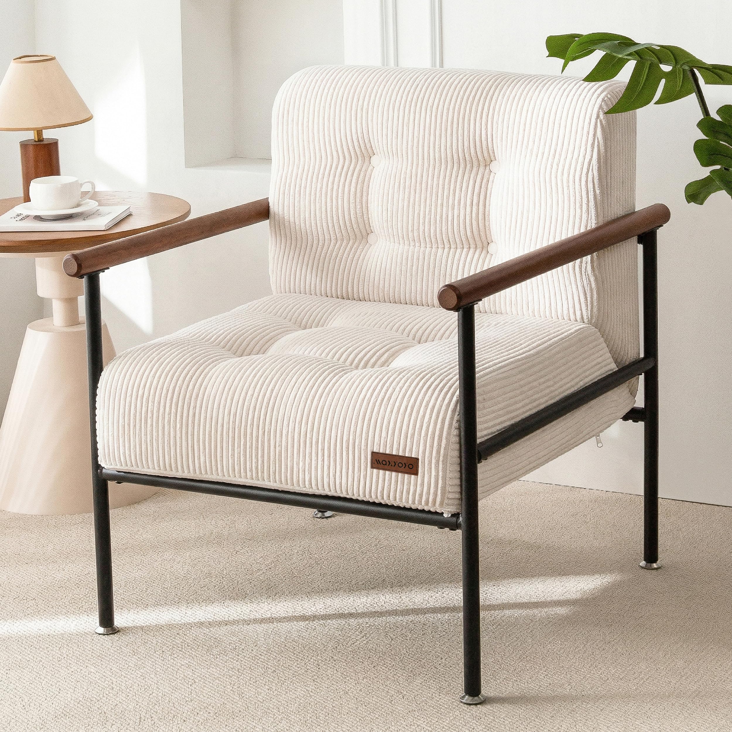 Beige Upholstered Reading Accent Chair with Metal Frame & Wood Armrests