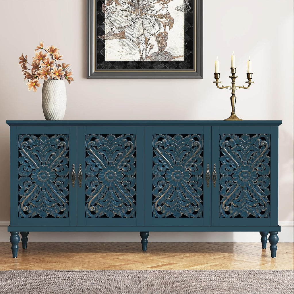 Antique Blue Hollow Carved 4-Door Vintage Sideboard Cabinet
