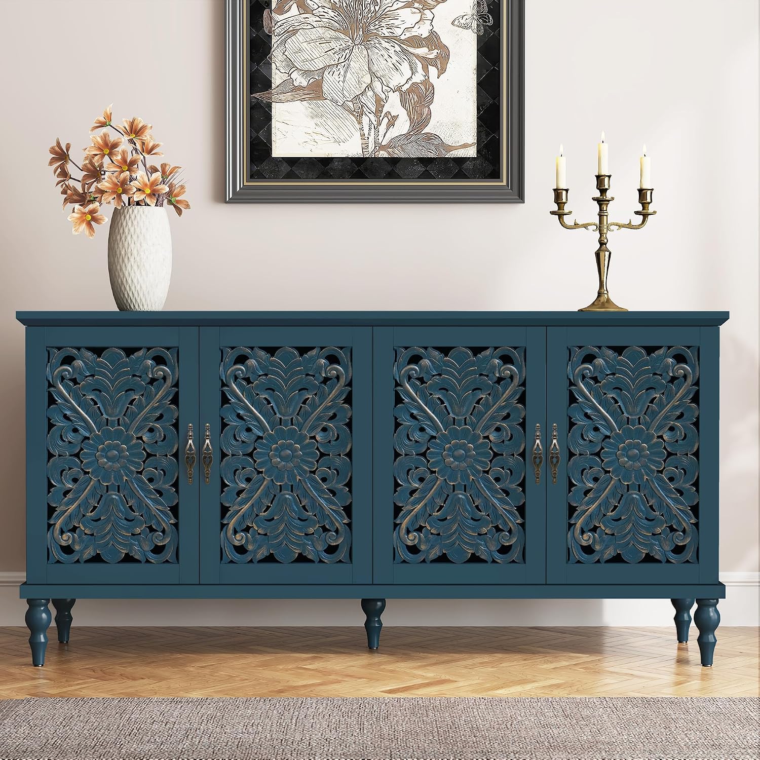Antique Blue Hollow Carved 4-Door Vintage Sideboard Cabinet