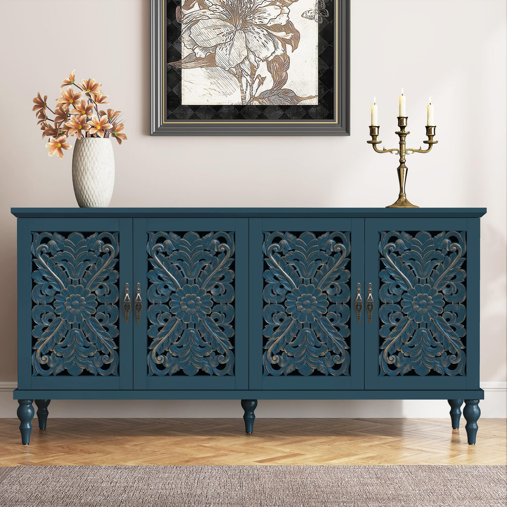Antique Blue Hollow Carved 4-Door Vintage Sideboard Cabinet