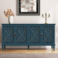 Antique Blue Hollow Carved 4-Door Vintage Sideboard Cabinet