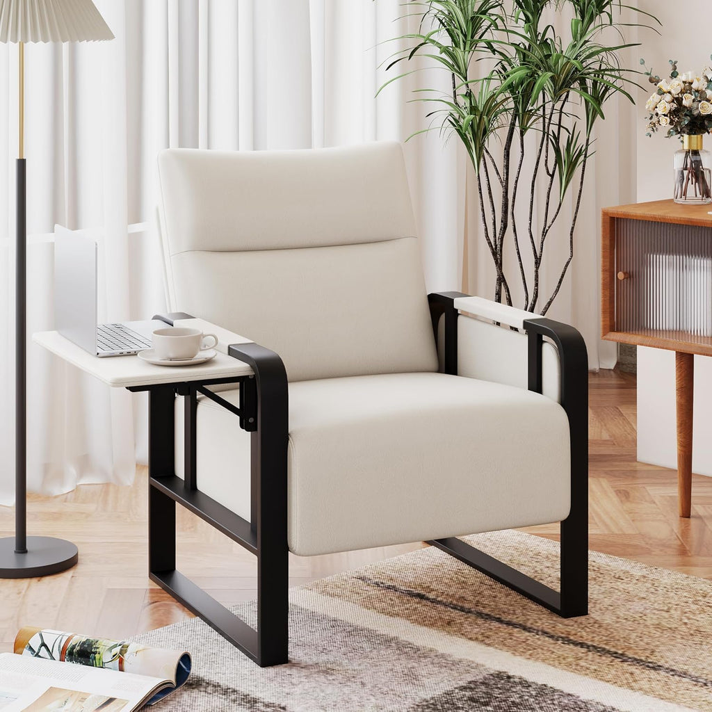 Beige Mid-Century Faux Leather Accent Chair Set of 2 with Side Table
